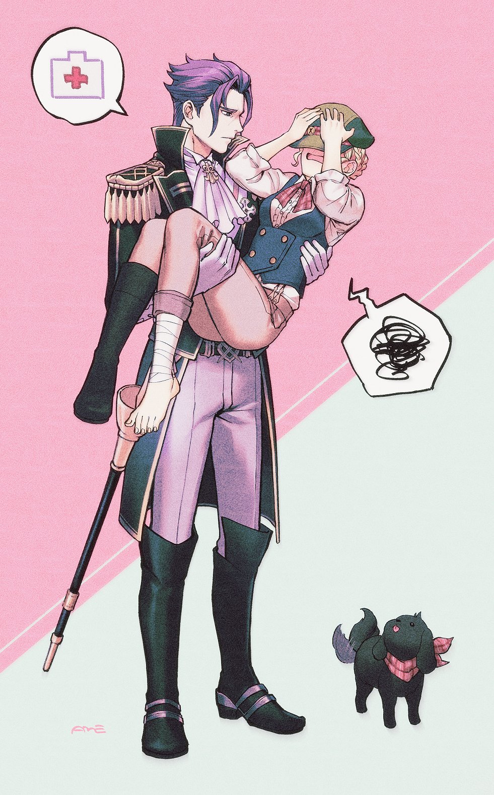 1boy, 1girl, ace_attorney, amemomism, ascot, bandaged_leg, bandages, barefoot