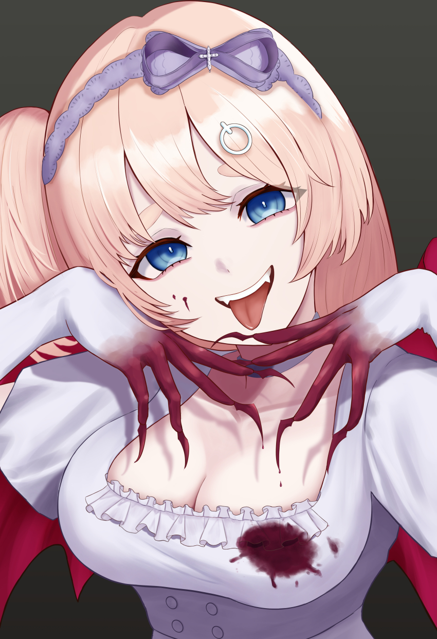 1girl, absurdres, blonde_hair, blood, blood_on_clothes, blood_on_face, blood_on_hands, blue_eyes