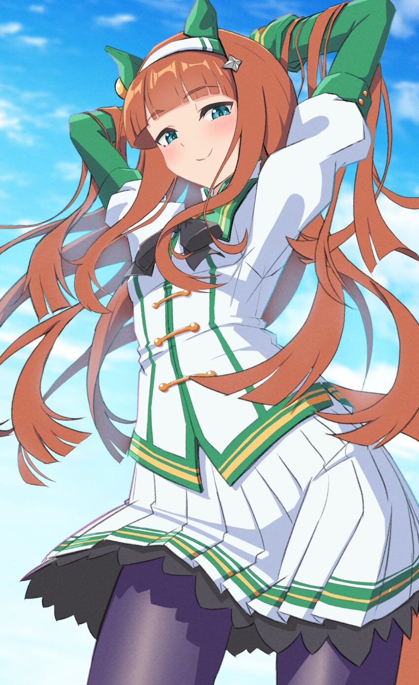 1girl, animal_ears, aqua_eyes, blue_eyes, blue_sky, blunt_bangs, brown_hair, ear_covers