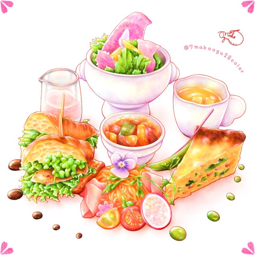 7makoogu28color, cherry_tomato, color_ink_(medium), croissant, cup, flower, food, food_focus