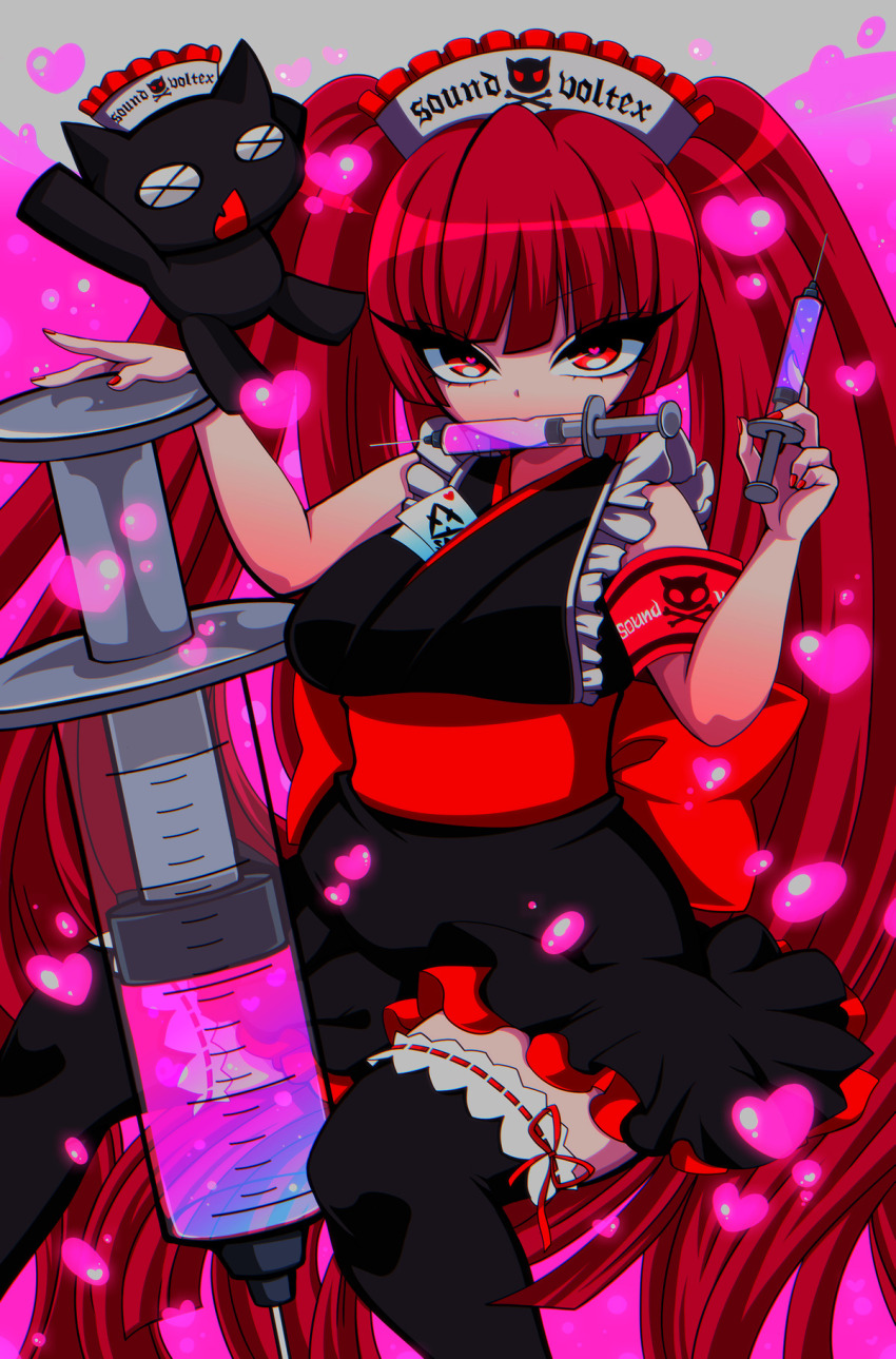 1girl, armband, bemani, black_cat, black_dress, black_thighhighs, cat, dress