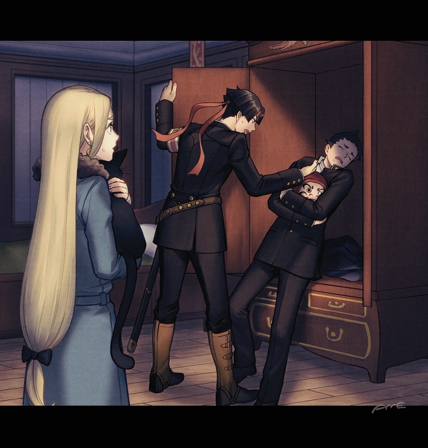 1girl, 2boys, ace_attorney, amemomism, animal, animal_ears, armband, artist_name