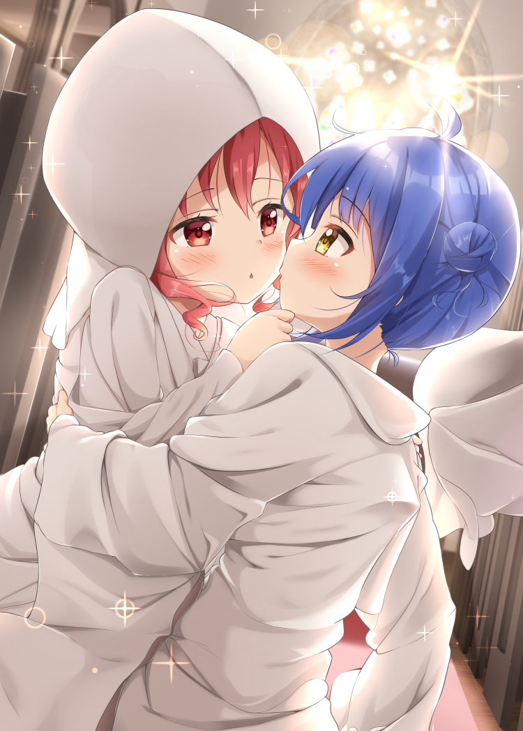 2girls, ahoge, blue_hair, blush, bride, child, commentary_request, dress