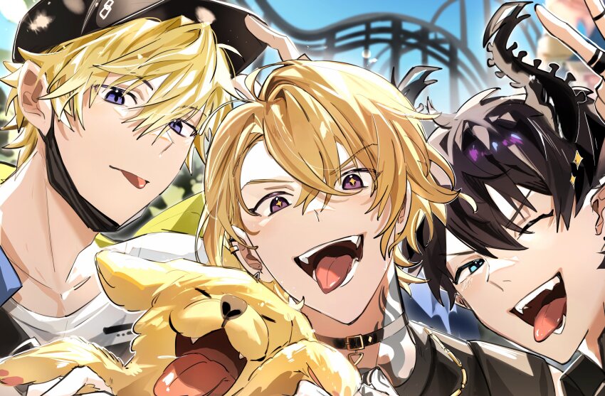 3boys, :d, :p, absurdres, aqua_eyes, baseball_cap, black_choker, black_hair