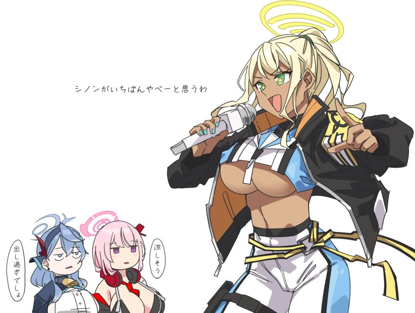 1girl, 3girls, ako_(blue_archive), armband, bell, between_breasts, bikini, black_jacket