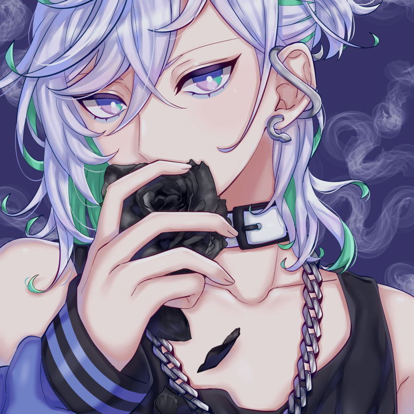 1boy, androgynous, bags_under_eyes, black_flower, black_rose, choker, flower, flower_over_mouth