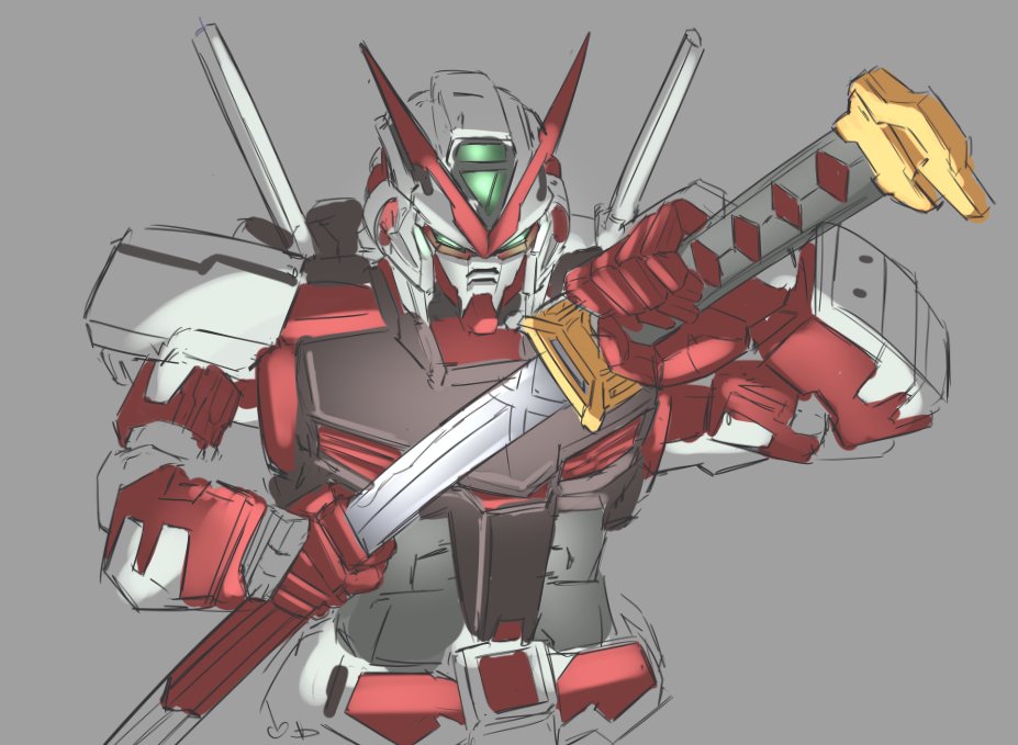 commentary, english_commentary, gerbera_straight, glowing, glowing_eyes, green_eyes, grey_background, gundam, gundam_astray_red_frame, gundam_seed, gundam_seed_astray, holding, holding_sheath, holding_sword, holding_weapon, jellen_squish, kagurabachi, kagurabachi_pose_(meme), mecha, mobile_suit, parody, robot, sheath, simple_background, sketch, solo, sword, unsheathing, upper_body, v-fin, weapon