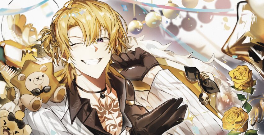 1boy, augustus_(luca_kaneshiro), balloon, birthday, black_bow, black_bowtie, black_choker, black_gloves