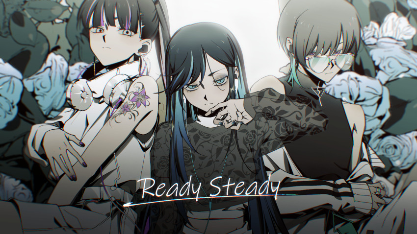 1boy, 2girls, ado_(utaite), aqua_hair, bare_shoulders, black_hair, black_nails, black_shirt