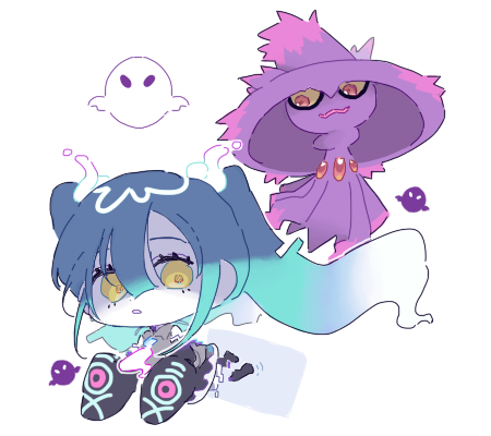 black_sleeves, blue_hair, chibi, cs_voca, gen_4_pokemon, ghost_miku_(project_voltage), glitch, grey_shirt