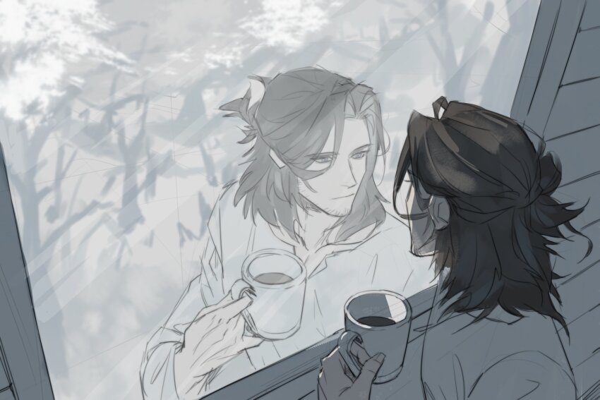 108cycle, 1boy, arknights, bad_id, bad_twitter_id, brown_hair, coffee_mug, cup