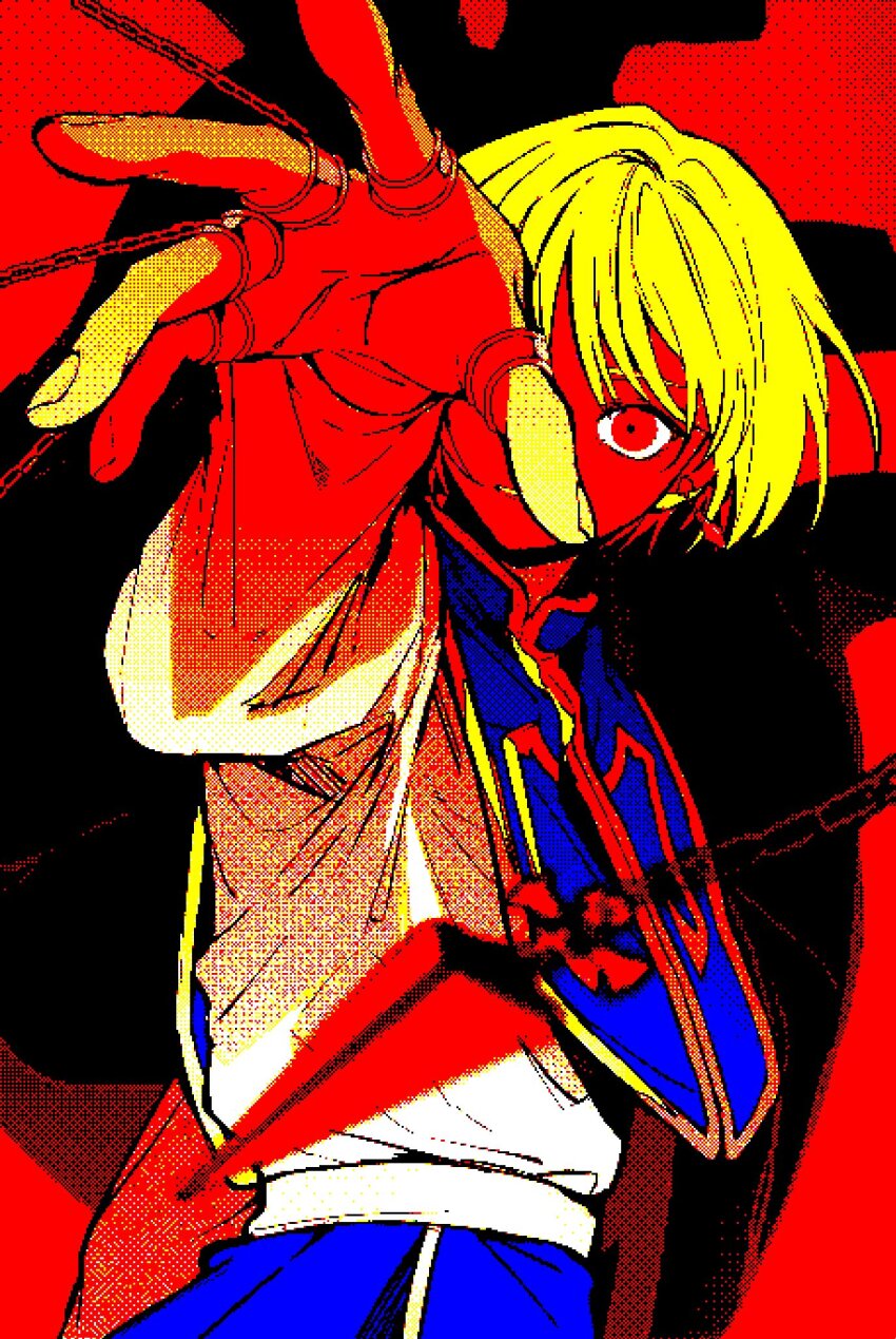 1boy, blonde_hair, chain, highres, hunter_x_hunter, jewelry, kurapika, red_background