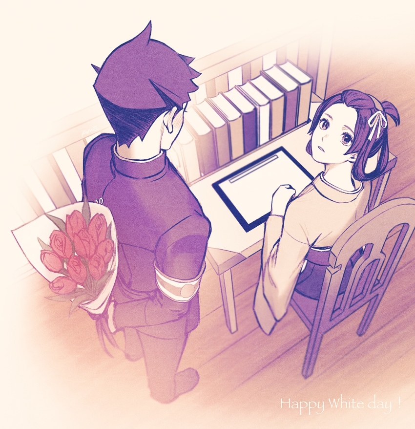 1boy, 1girl, ace_attorney, amemomism, armband, arms_behind_back, bangs_pinned_back, blush