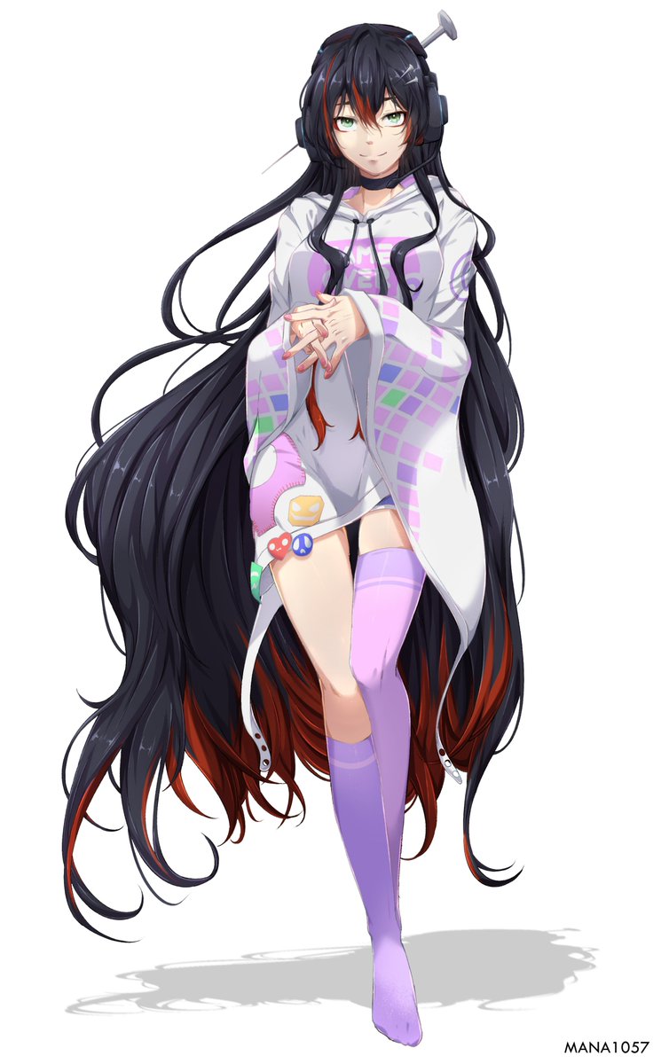 1girl, artist_name, black_choker, black_hair, breasts, choker, commentary, english_commentary, full_body, green_eyes, headphones, highres, long_hair, looking_at_viewer, mana1057, medium_breasts, mika_melatika, mika_melatika_(1st_costume), multicolored_hair, nail_(hardware), nail_hair_ornament, nijisanji, nijisanji_id, own_hands_together, purple_shorts, purple_socks, purple_thighhighs, shadow, short_shorts, shorts, simple_background, single_thighhigh, smile, socks, solo, streaked_hair, thighhighs, very_long_hair, virtual_youtuber, white_background