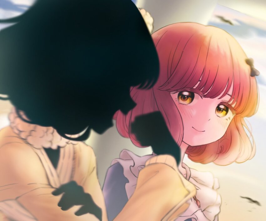 2girls, black_bow, black_hair, black_skin, bow, clenched_hand, closed_mouth, collar, colored_skin, commentary_request, dress, gizagiza, hair_bow, hand_on_own_arm, hand_up, living_doll_uniform, long_sleeves, looking_at_viewer, lou_(shadows_house), louise_(shadows_house), multiple_girls, open_mouth, red_hair, shadow_(shadows_house), shadows_house, short_hair, smile, upper_body, white_collar, yellow_dress, yellow_eyes