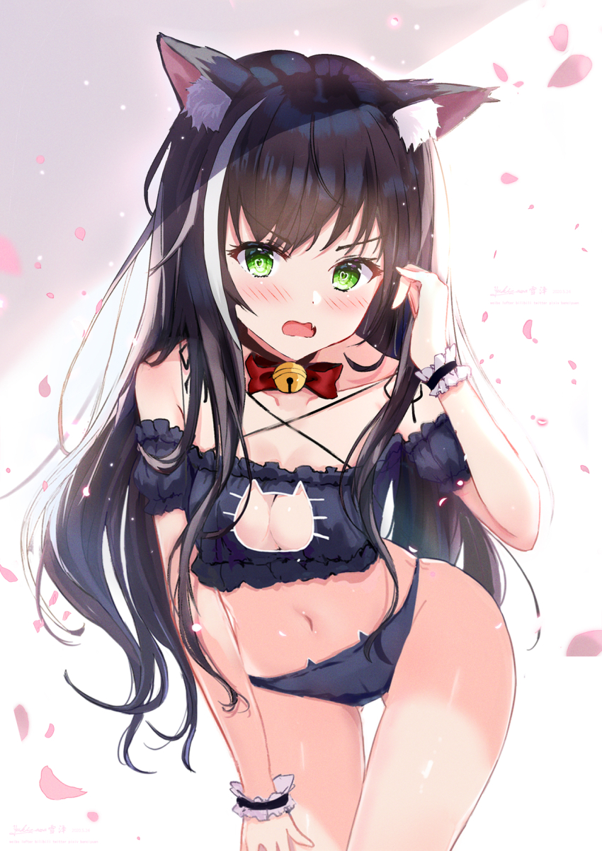 1girl, adjusting_hair, animal_ear_fluff, animal_ears, black_bra, black_hair, black_panties, black_sleeves