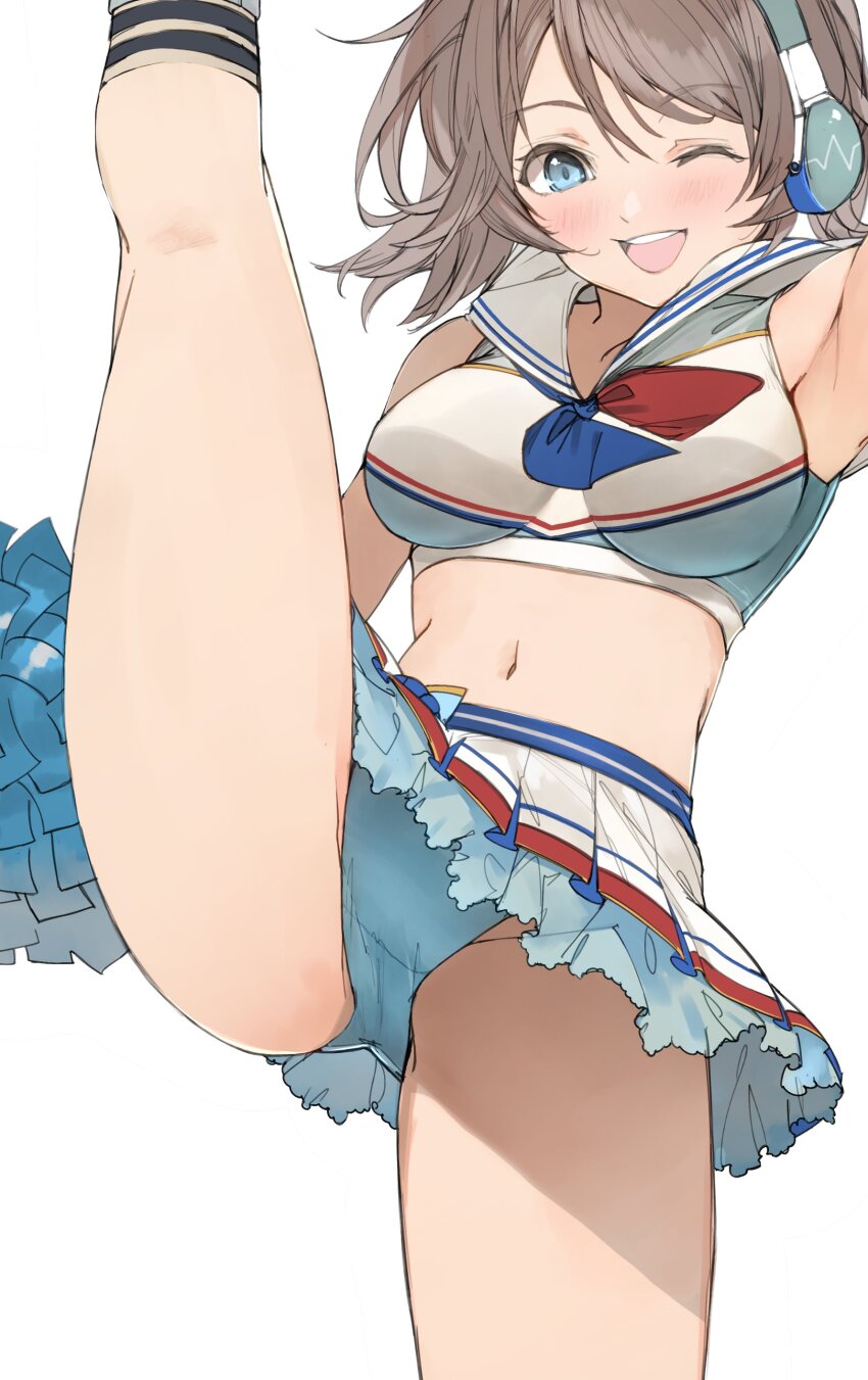 1girl, ;d, absurdres, arm_up, armpits, blue_eyes, blue_panties, blue_tank_top, blush, brown_hair, cheerleader, cowboy_shot, crop_top, groin_tendon, headphones, high_kick, highres, holding, holding_pom_poms, kicking, kneehighs, leg_up, looking_down, love_live!, love_live!_sunshine!!, midriff, miniskirt, navel, official_alternate_costume, one_eye_closed, open_mouth, panties, petticoat, pisuta_(yamashiro), pleated_skirt, pom_pom_(cheerleading), pom_poms, sailor_collar, sailor_shirt, shirt, short_hair, skirt, smile, socks, solo, swept_bangs, tank_top, two-tone_tank_top, underwear, upskirt, watanabe_you, white_sailor_collar, white_tank_top
