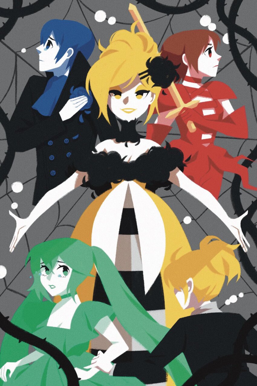 2boys, 3girls, aku_no_musume_(vocaloid), allen_avadonia, armor, back, bags_under_eyes, bare_arms