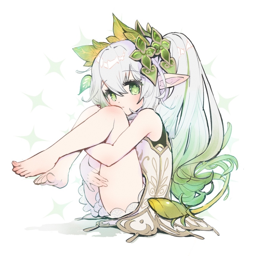 1girl, barefoot, closed_mouth, dot_nose, dress, feet, genshin_impact, green_hair, knees_up, lolita_fashion, long_hair, looking_at_viewer, multicolored_hair, nahida_(genshin_impact), pointy_ears, ponytail, simple_background, solo, toes, toro_astro, white_background, white_dress, white_hair