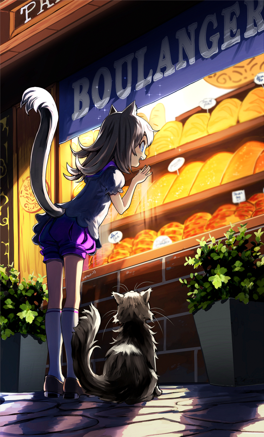 1girl, 1other, absurdres, against_glass, animal, animal_ears, bloomers, blue_eyes