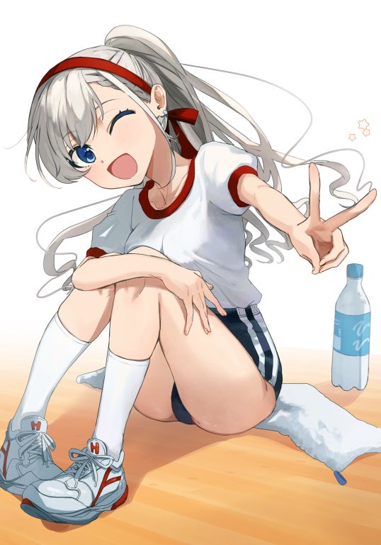 1girl, ass, blue_buruma, blue_eyes, bottle, breasts, buruma, commentary