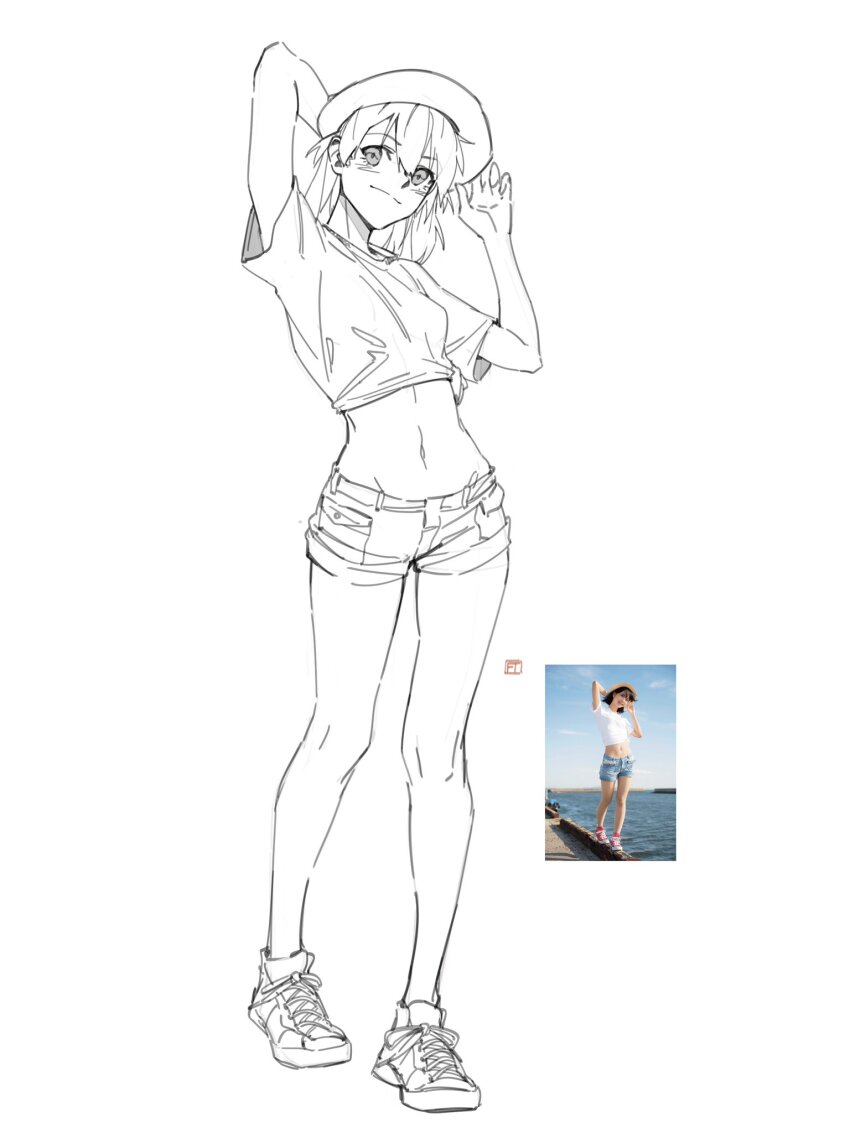 1girl, felix_thirasat, full_body, hat, highres, navel, neon_genesis_evangelion, photo-referenced