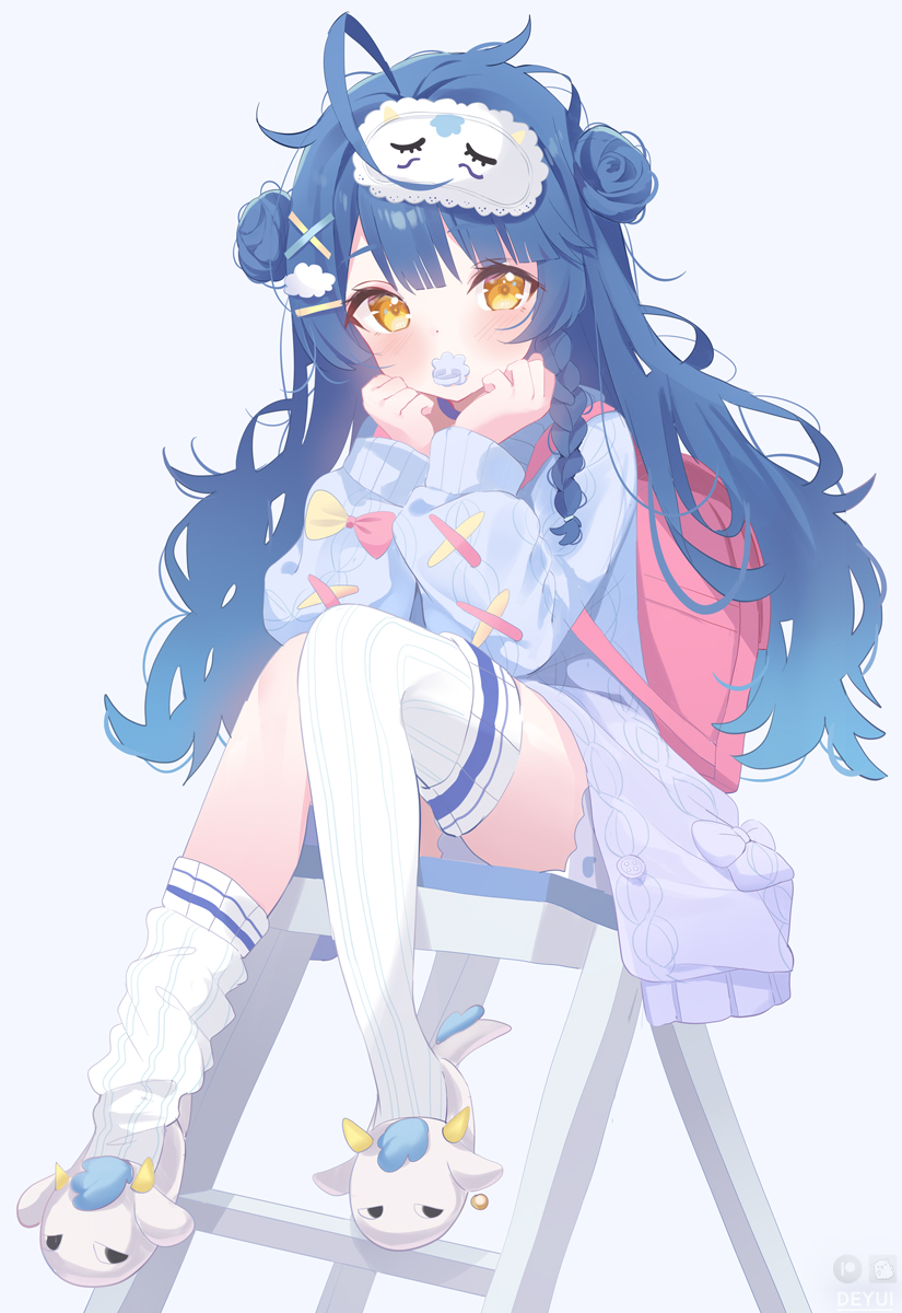 1girl, ahoge, amamiya_kokoro, amamiya_kokoro_(6th_costume), animal_slippers, artist_name, backpack, bag, blue_cardigan, blue_hair, braid, cardigan, cloud_hair_ornament, deyui, double_bun, full_body, grey_background, hair_bun, hair_ornament, highres, ladder, long_hair, looking_at_viewer, messy_hair, nijisanji, pacifier, randoseru, simple_background, sitting, sleep_mask, slippers, solo, stepladder, thighhighs, virtual_youtuber, white_thighhighs, x_hair_ornament, yellow_eyes