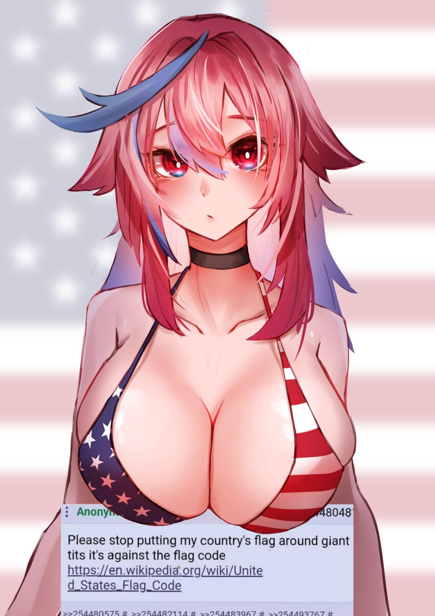 1girl, 4chan, absurdres, american_flag, american_flag_bikini, american_flag_print, bare_arms, bare_shoulders, bikini, black_choker, blue_hair, blurry, blurry_background, breasts, choker, cleavage, closed_mouth, collarbone, commentary, depth_of_field, english_commentary, english_text, ffrouty_aiz, flag_print, flag_print_bikini, hair_between_eyes, highres, large_breasts, long_hair, looking_at_viewer, multicolored_hair, original, print_bikini, red_eyes, red_hair, solo, streaked_hair, swimsuit, upper_body