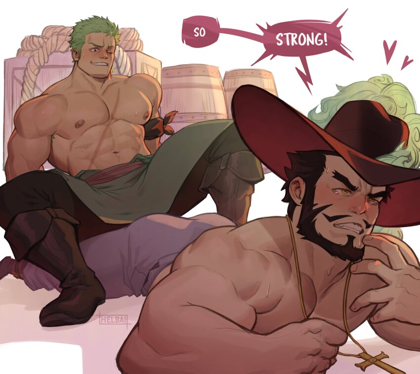 2boys, abs, absurdres, armband, ass, bara, beard, black_hair