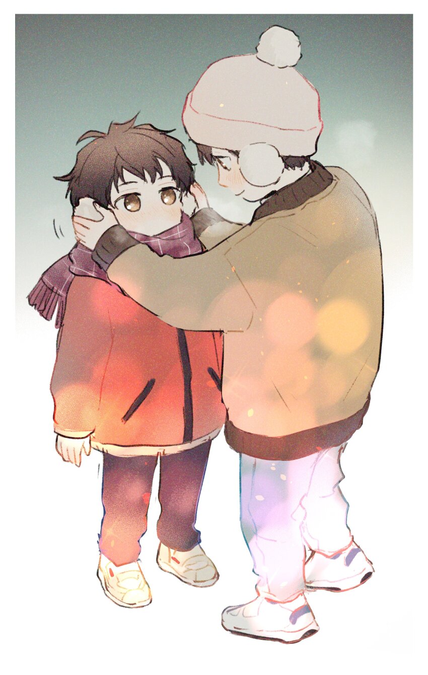 2boys, absurdres, aged_down, beanie, black_pants, blush, brothers, brown_eyes