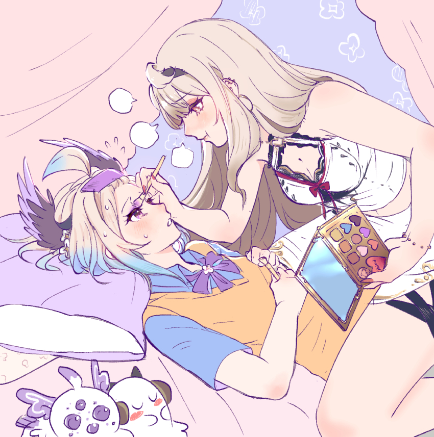 2girls, absurdres, adapted_costume, aloupeep_(enna_alouette), alternate_costume, applying_another's_makeup, applying_makeup, black_hairband