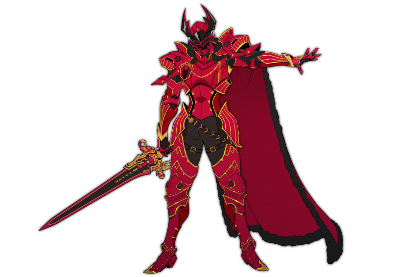 1boy, absurdres, armor, armored_boots, body_armor, boots, cape, full_armor, gauntlets, gira_(ohsama_sentai_king-ohger), gloves, helmet, highres, hip_armor, holding, holding_sword, holding_weapon, king, knight, kuwagata_ohger, male_focus, ohgercalibur, ohsama_sentai_king-ohger, pauldrons, polearm, red_armor, red_cape, shoulder_armor, super_sentai, sword, tokusatsu, tongzhen_ganfan, weapon