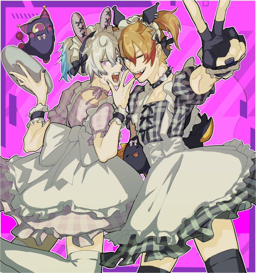 2boys, animal_ears, apron, axel_syrios, axelotl_(axel_syrios), black_nails, black_thighhighs, blonde_hair, blue_eyes, blue_hair, border, collar, crossdressing, crossdressing_(mtf), dress, fake_animal_ears, fangs, fingerless_gloves, foreshortening, frilled_apron, frilled_skirt, frilled_sleeves, frills, gavis_bettel, gloves, grey_hair, hair_between_eyes, hairband, heterochromia, highres, holding, holding_tray, holostars, holostars_english, looking_at_viewer, maid_headdress, male_focus, medium_hair, multicolored_hair, multiple_boys, neck_ribbon, nyaningisa, one_eye_closed, open_mouth, outline, phantom_(gavis_bettel), pink_background, pink_eyes, pink_hair, red_hair, ribbon, short_hair, skirt, spiked_collar, spikes, sweatdrop, thighhighs, tongue, tongue_out, tray, twintails, virtual_youtuber, white_apron, white_border, white_hair, white_outline, white_thighhighs