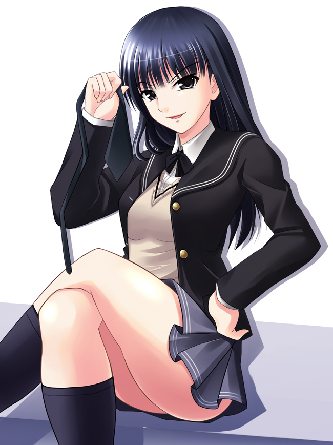 1girl, amagami, ayatsuji_tsukasa, black_eyes, black_hair, black_socks, blazer, crossed_legs, female_focus, hand_on_own_hip, hip_focus, jacket, long_hair, makkemi, necktie, pleated_skirt, school_uniform, sitting, skirt, socks, solo, sweater_vest, white_background