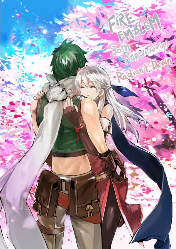 bare_shoulders, blue_sky, cherry_blossoms, closed_eyes, couple, fire_emblem, fire_emblem:_radiant_dawn, green_hair