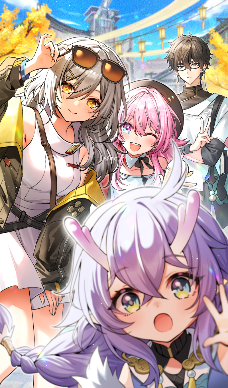 1boy, 3girls, bailu_(honkai:_star_rail), colored_eyelashes, crossed_bangs, dan_heng_(honkai:_star_rail), dan_heng_(next_stop_yi_county)_(honkai:_star_rail), dragon_horns