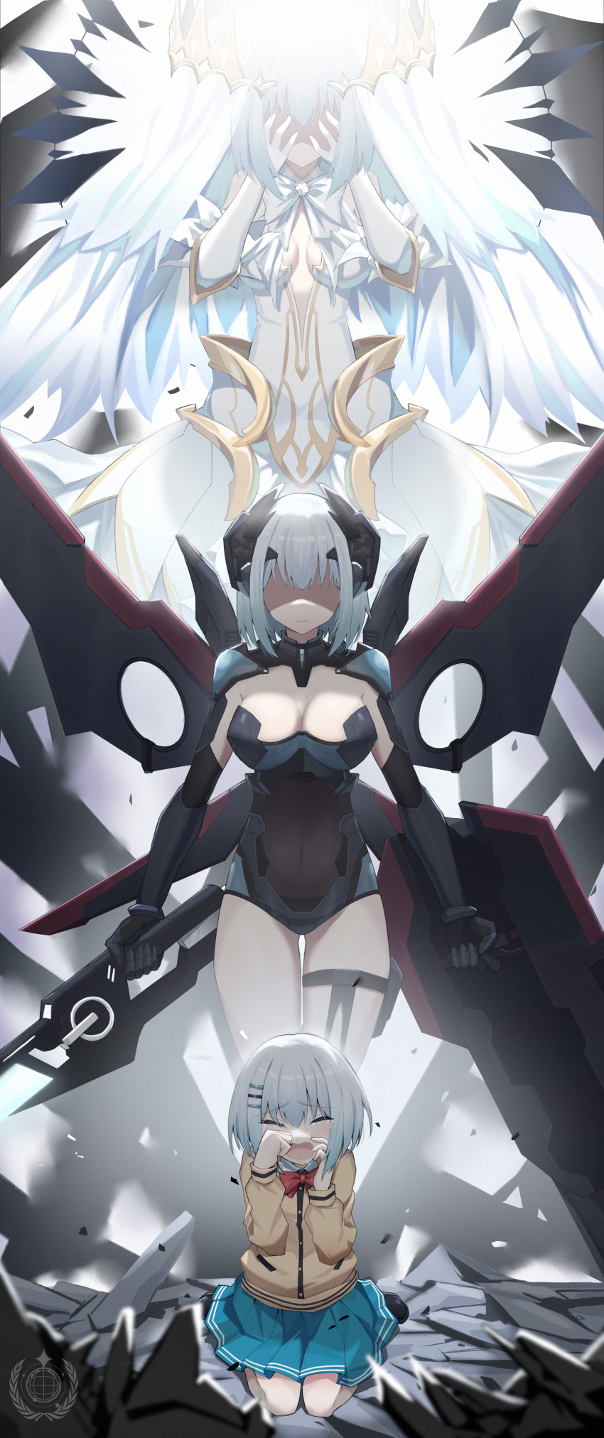 1girl, absurdres, afu_(amzs8345), angel, bow, bowtie, chinese_commentary, commentary, crown, crying, date_a_live, dress, highres, holding, holding_weapon, light, mecha_musume, mechanical_wings, no_eyes, pleated_skirt, red_bow, red_bowtie, shaded_face, shirt, short_hair, skirt, tears, tobiichi_origami, weapon, white_bow, white_dress, white_hair, wings