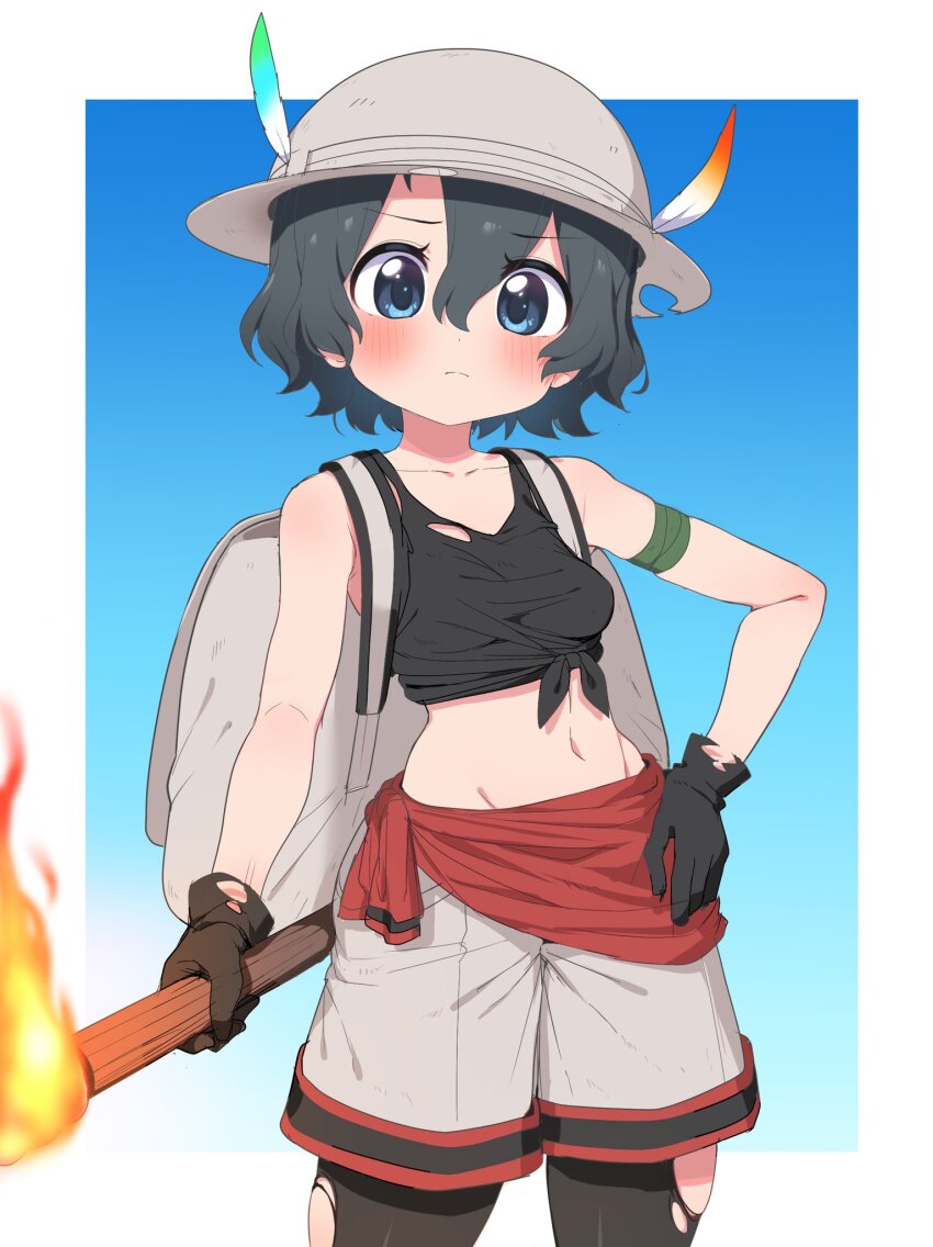 alternate_costume, armband, backpack, bag, bare_shoulders, black_gloves, black_hair, black_pantyhose