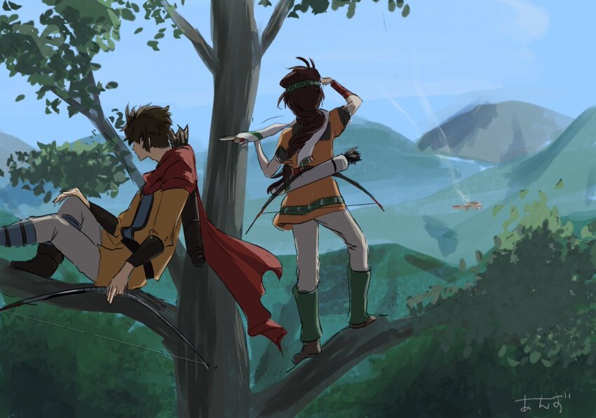 1boy, 1girl, annzu_namu, ayda_(suikoden), braid, brown_hair, full_body, gensou_suikoden