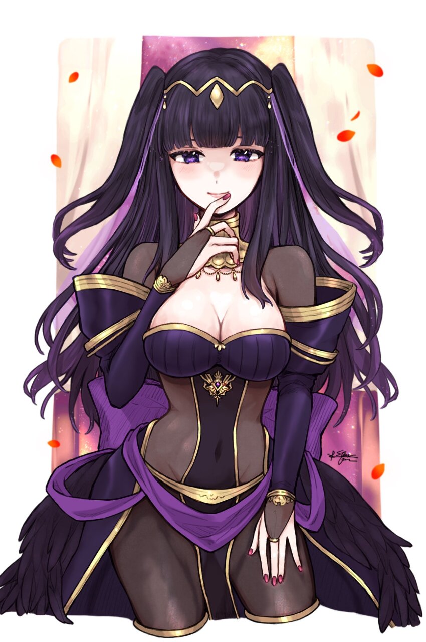 black_hair, blush, bodystocking, breasts, bridal_gauntlets, cleavage, covered_navel, dress, falling_petals, finger_to_mouth, fingernails, fire_emblem, fire_emblem_awakening, fire_emblem_heroes, gold_trim, highres, jewelry, light_smile, long_hair, looking_at_viewer, medium_breasts, misato_hao, nail_polish, navel, nintendo, official_alternate_costume, petals, purple_eyes, red_nails, see-through_bridal_gauntlets, smile, tharja_(obsessive_bride)_(fire_emblem), tharja_(fire_emblem), tiara, twintails, wedding_dress