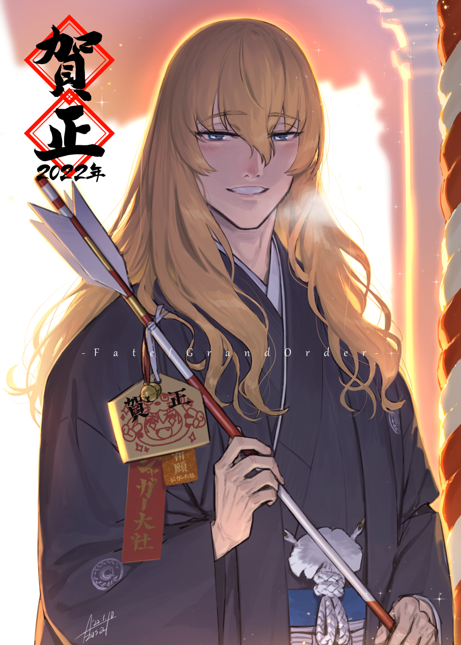 1boy, 2022, adam's_apple, alternate_costume, arrow_(projectile), azusa_(hws), backlighting, blonde_hair