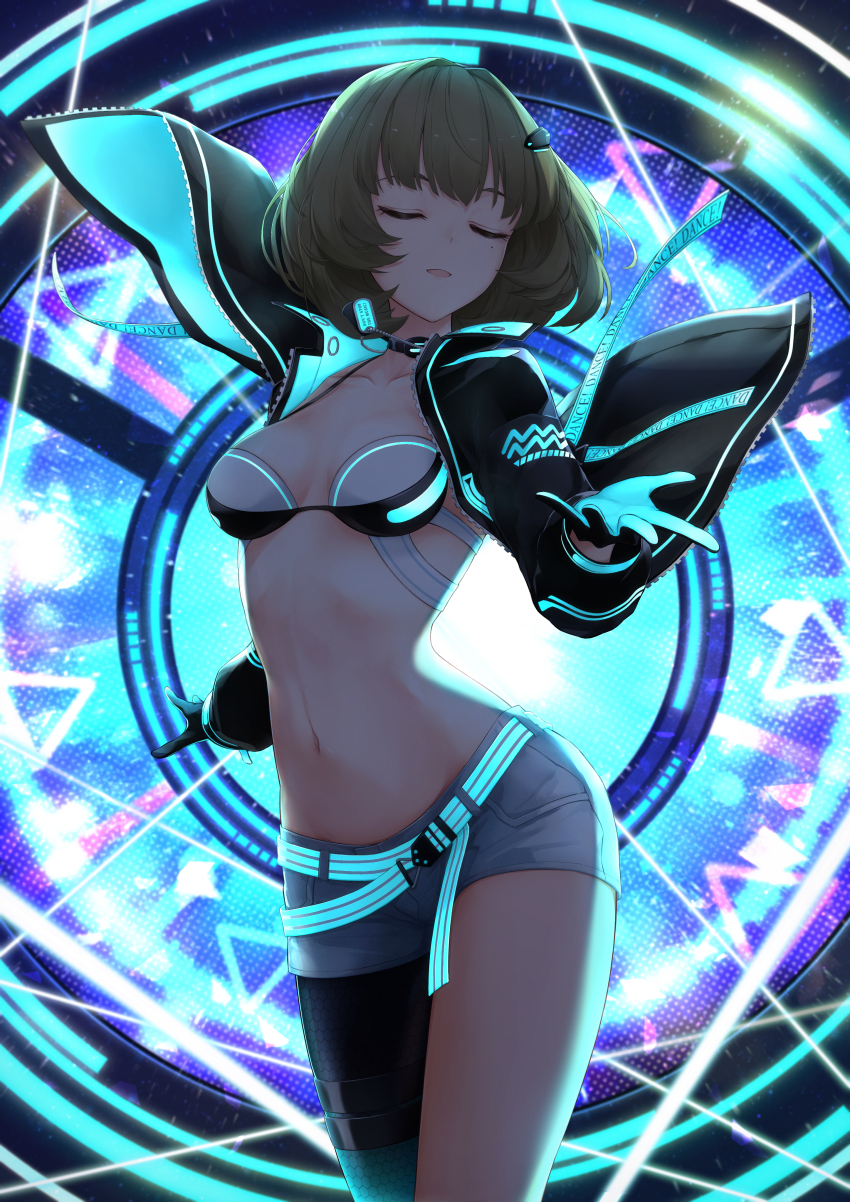 1girl, absurdres, aqua_belt, aqua_gloves, aqua_jacket, aquarius_(symbol), asymmetrical_legwear, belt, bikini, bikini_top_only, bikini_under_clothes, black_choker, breasts, choker, cleavage, collarbone, dance_on_the_galaxy_(idolmaster), dog_tags, gloves, glowing_clothes, gradient_legwear, green_hair, highres, idolmaster, idolmaster_cinderella_girls, idolmaster_starlit_season, jacket, medium_breasts, mole, mole_under_eye, multicolored_jacket, nakata_(nkt_vvd), navel, no_shirt, open_clothes, open_jacket, short_hair, short_shorts, shorts, single_bare_leg, single_leg_pantyhose, solo, swimsuit, takagaki_kaede, thighs, two-tone_bra, two-tone_gloves, two-tone_jacket, white_shorts