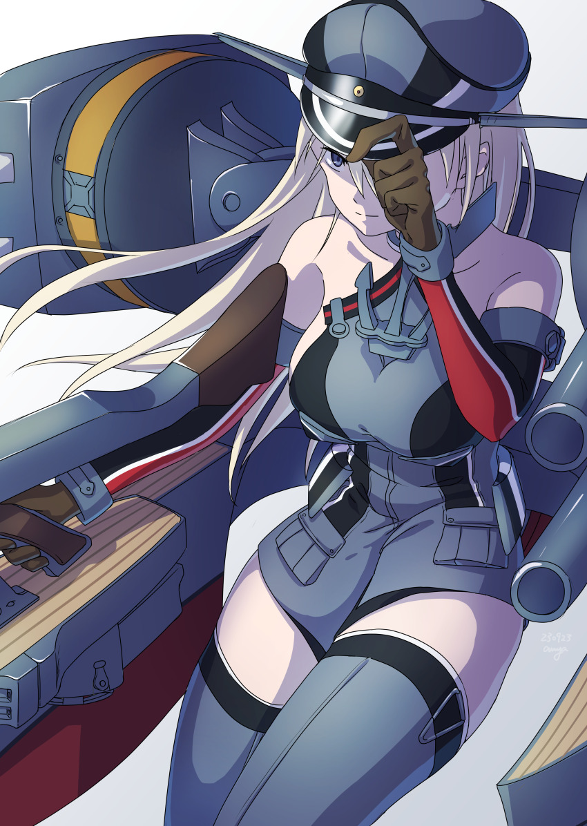 1girl, absurdres, adjusting_clothes, adjusting_headwear, anya_(anyapoiiii), bare_shoulders, bismarck_(kancolle), bismarck_drei_(kancolle)