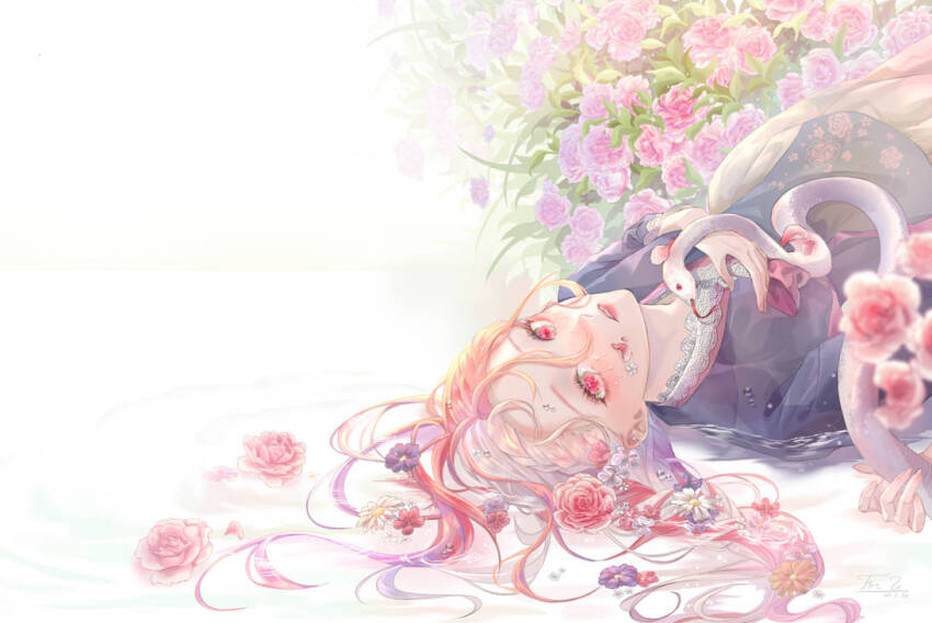 1girl, artist_name, blurry, blurry_foreground, commentary, dated, drawing, english_commentary, flower, foru78, gradient_hair, hair_between_eyes, hanbok, in_water, korean_clothes, looking_at_viewer, lying, multicolored_hair, on_back, original, outdoors, petals, pink_hair, rose, snake, solo, water, white_hair