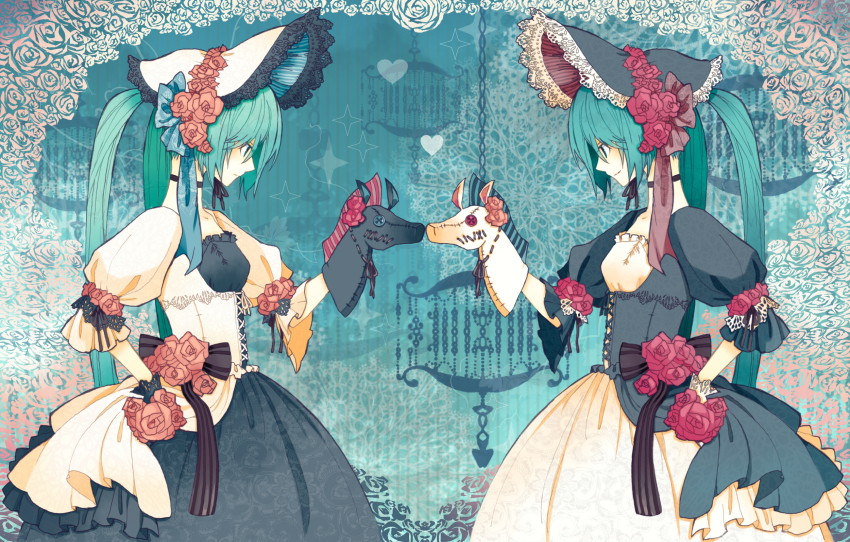 2girls, aqua_eyes, aqua_hair, black_vs_white, dress, dual_persona, flower, frills