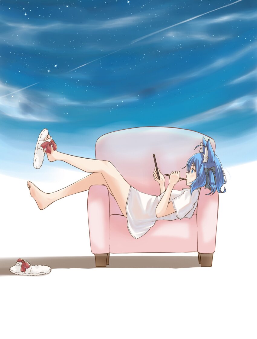 1girl, animal_ear_fluff, animal_ears, armchair, black_bow, blue_eyes, blue_hair, blue_sky, blush, bow, chair, closed_mouth, commentary_request, dog_ears, footwear_bow, full_body, hair_between_eyes, hair_bow, highres, holding, holding_pen, holding_phone, lovermoonlight, nanashi_inc., pen, phone, profile, red_bow, shirt, shoe_dangle, shoes, shooting_star, short_sleeves, single_shoe, sitting_sideways, sky, slippers, smile, solo, souya_ichika, star_(sky), starry_sky, virtual_youtuber, white_footwear, white_shirt
