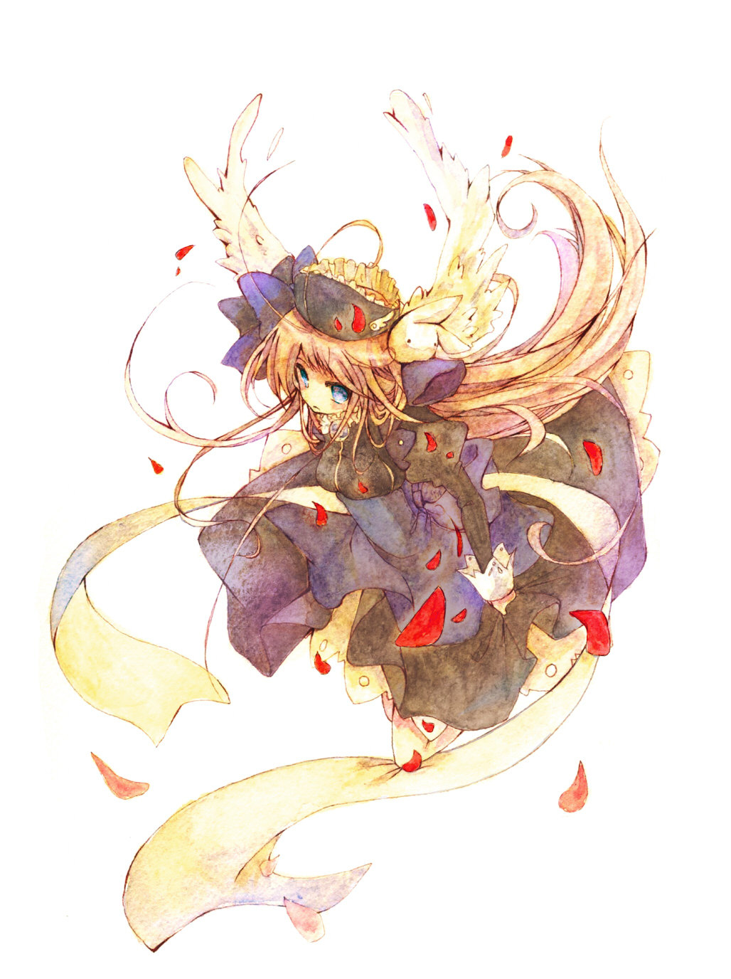 1girl, ade_san, bird_wings, blue_eyes, brown_hair, dress, female_focus, hair_ornament