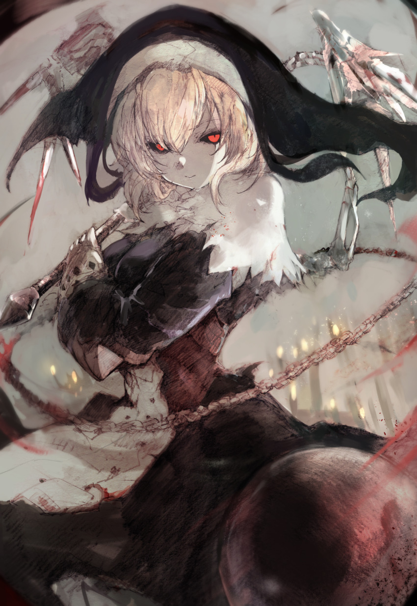 1girl, ball_and_chain_(weapon), bian_(weapon), black_dress, black_sclera, blonde_hair, blood, blood_on_clothes, bloody_weapon, candelabra, candlestand, chain_whip, colored_sclera, cowboy_shot, dress, dysy4343, ender_lilies_quietus_of_the_knights, flail, gang_bian_(weapon), gloves, guardian_siegrid, habit, highres, holding, holding_whip, looking_at_viewer, nun, nun_headdress, red_eyes, skeletal_wings, sketch, smile, solo, standing, torn_clothes, weapon, wings