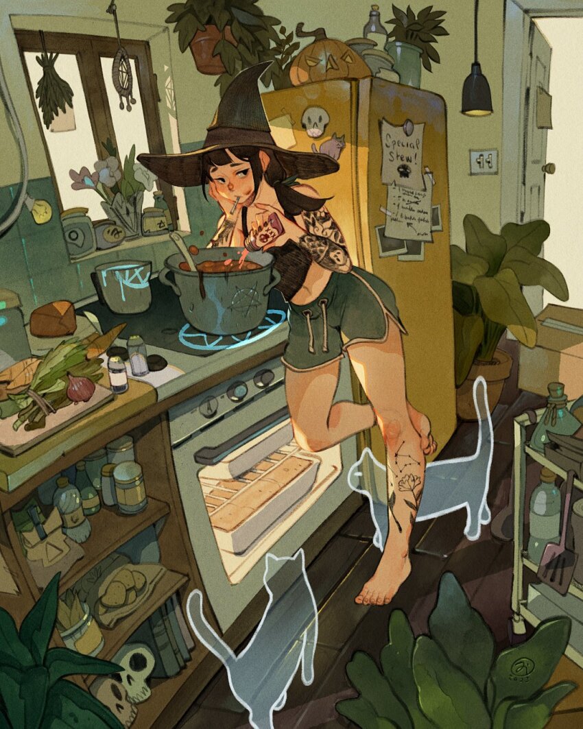 1girl, arm_tattoo, bare_legs, barefoot, black_hair, black_shorts, black_tank_top, book