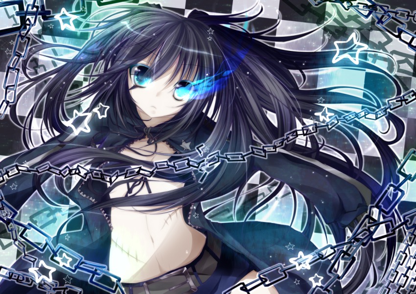 10s, 1girl, bad_id, bad_pixiv_id, bikini, bikini_top_only, black_hair, black_rock_shooter
